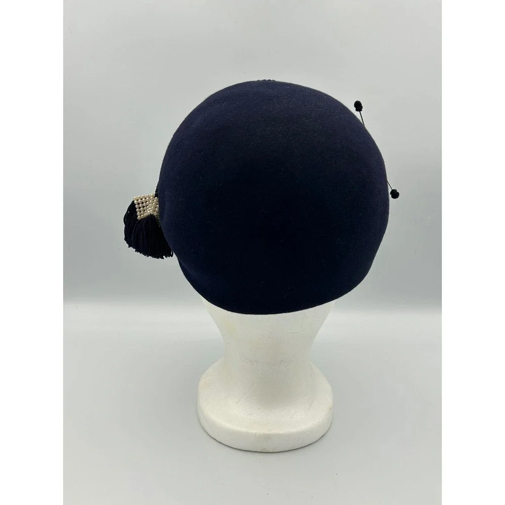 Jo Bailey Hats Navy Blue Wool Felt Pillbox Hat Pearl Tassel Accent Vintage Style